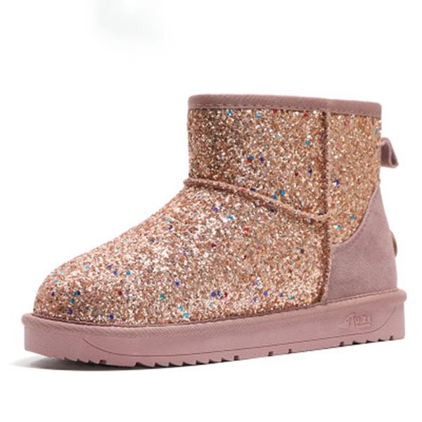 

sequin snow boots female short tube student waterproof boots 2019 new fashion wild flat bottom non-slip warm cotton shoes, Black