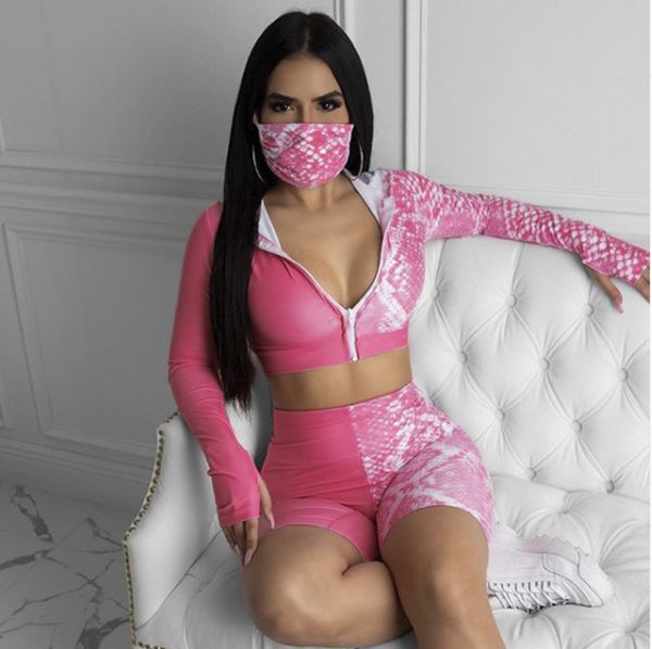 

zipper women designer 3pcs summer long sleeve snakeskin pattern ladies sets casual fashion slim female clothing, White