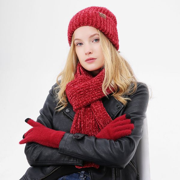 

chenille winter hat and scarf set for women girl 's hat wool skullies beain female cap and scarves gloves set red color, Blue;gray