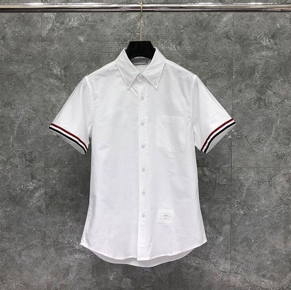 

2020 fashion tb brand shirts men slim white short sleeve casual shirt striped cotton solid men's clothing, White;black
