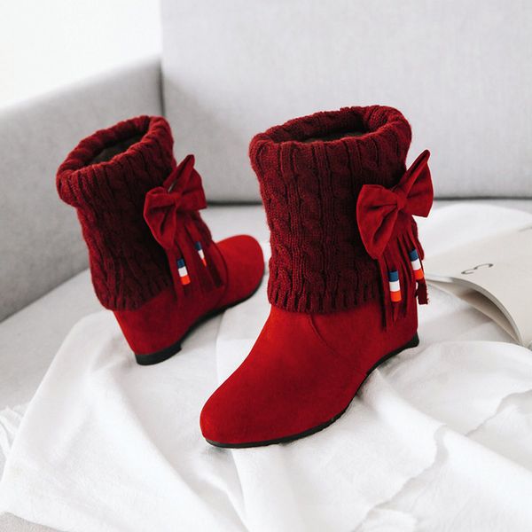 Venda quente-Chinesa Doce Estilo Rodada Cabeça Nubuck Ankle Boots Moda Bowknot Lã Aumentando MED Calcanhar Mulheres Botas de Motocicleta