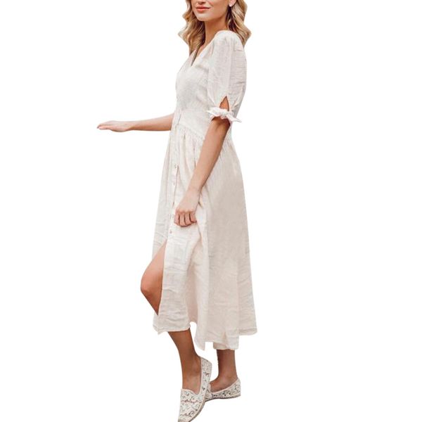 

women button short sleeve v neck long dress evening party dress summer women verano sundress clothes, Black;gray