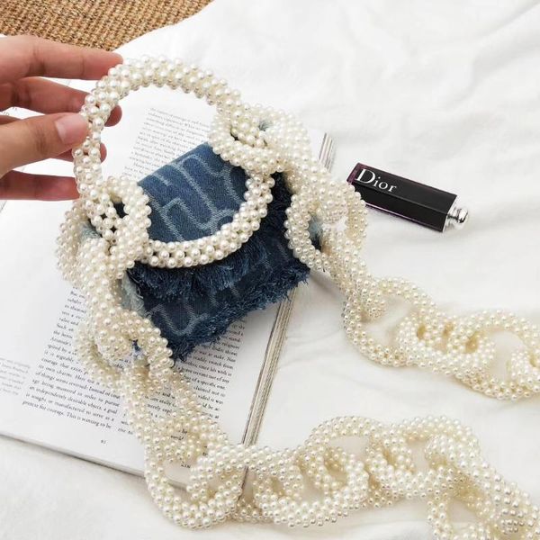 

style women shoulder bags casual bag pearl strap denim flap handbag