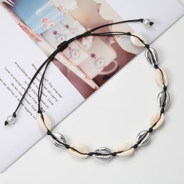 

women necklace boho natural seashell choker necklaces summer beach seashell simple rope chain jewelry girls femme bohemian gift, Silver