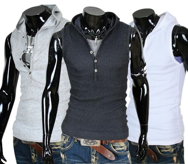 

sportswear fashion hooded slim fit men's sleeveless waistcoat man t-shirt 2020 suitable for sports, Black;blue