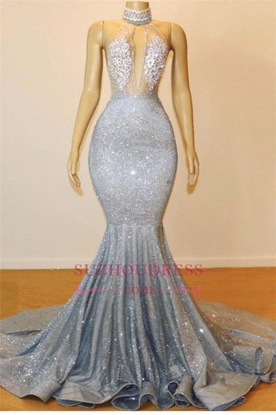 

Silver mermaid prom dre e long 2019 equined bling bling jewel neck high neck bead plu ize evening gown formal dre