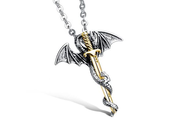 Новая мода роскошный дизайнер рок стиль старинные дракон меч riligious крест титана стали мужчины кулон ожерелье