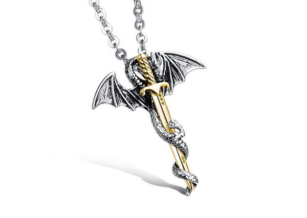 

New fashion luxury designer rock style vintage dragon sword riligious cross titanium steel men pendant necklace