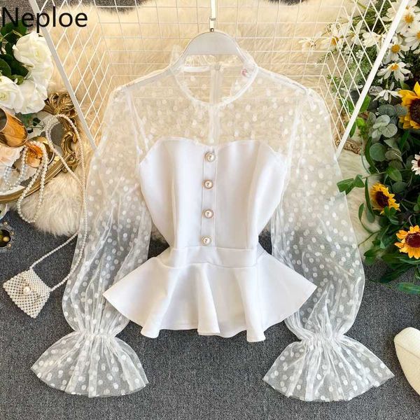 

neploe 2020 spring new women polka dot mesh blouse women waist leaf swing flare sleeve o-neck shirt off shoulder 49868, White