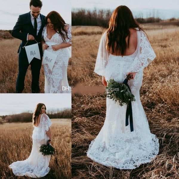 

fabulous bohemian mermaid beach lace wedding dresses v neck short sleeves backless bridal gowns sweep train trumpet boho vestido de novia, White