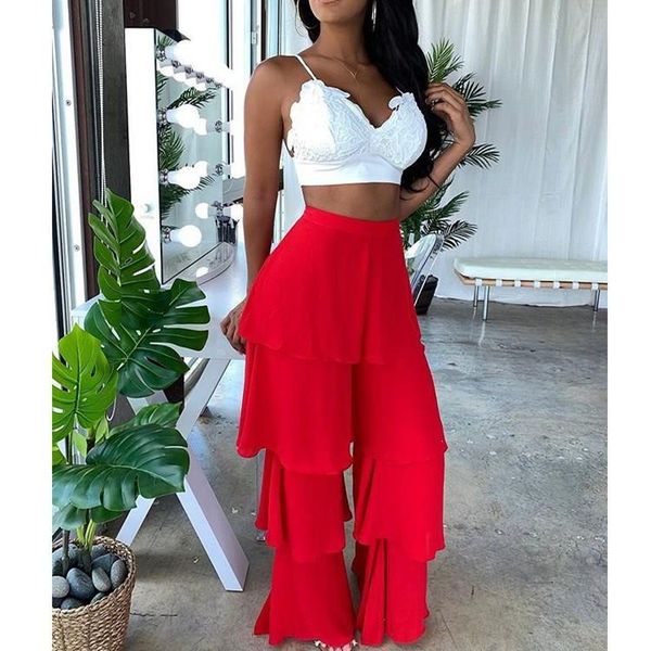 

layered ruffles high waist pants women streetwear black red hippie wide leg pants autumn casual loose trousers, Black;white