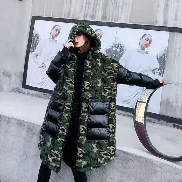 

tvvovvin hooded lamb parka woman 2019 winter thick camouflage parka pockets patchwork loose cotton-padded clothes qyf1395, Black