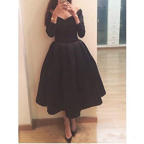 

2018 Chapel Modern Elegant Short Prom Dresses A Line Off the shoulder Capped Long Sleeve Tea-Length Evening Dresses Cocktail Party Gowns