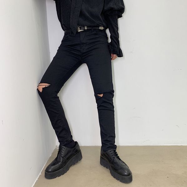 

men black slim fit hole ripped jeans trousers male women punk gothic streetwear fashion hip hop skinny denim pencil pant, Blue