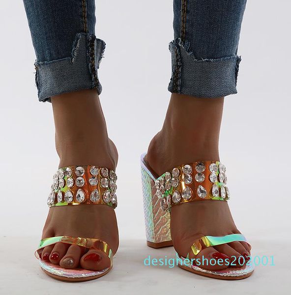

with box luxury shinny crystal beading rhinestone sandals block heel mules women designer heel slides 01d, Black