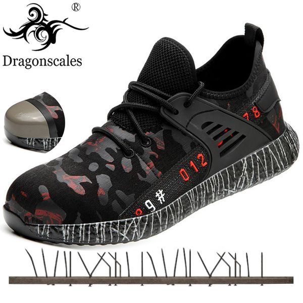 

dropshipping safety shoes for men steel toe boots prevent puncture steel bottom breathable camouflage mesh sneakers work shoes, Black
