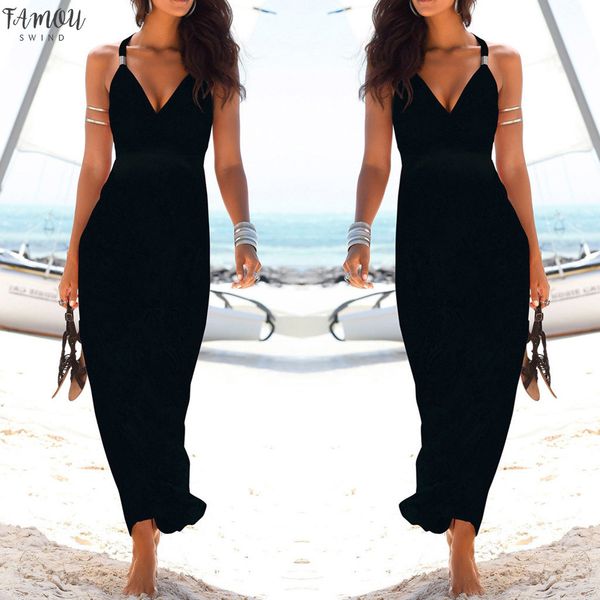 

2020 new fashion black color long dress women summer bohemian sleeveless v neck solid color ankle length dress party dress #c, Black;gray
