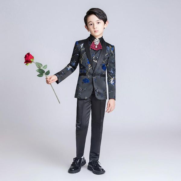 

yuanlu kids suit for boy children blazer jacket formal coat for wedding party piano embroidery flower slim fit set classic black