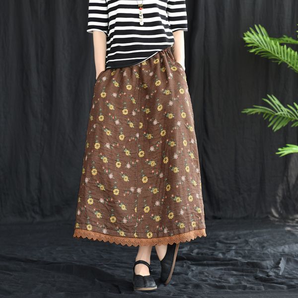 

nini wonderland 2020 spring print cotton linen skirt women lace mori girl style a-line skirts summer print flower vintage skirt, Black