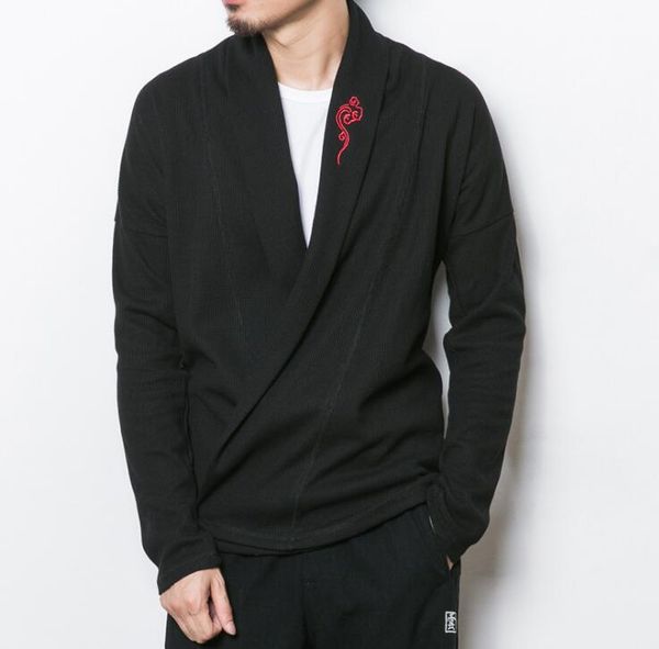 

large size men japan streetwear fashion casual cardigan coat male chinese style embroidery sweater knitted jacket outerwear, White;black
