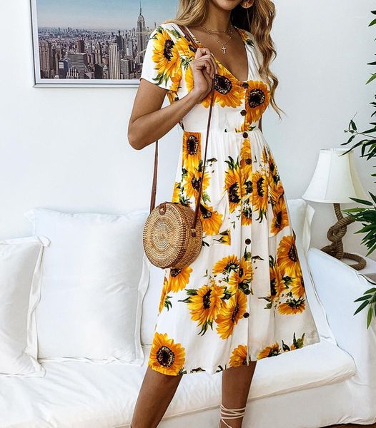 

v neck ladies dresses fashion casual loose womens clothing sunflower print button womens dress short sleeve, Black;gray