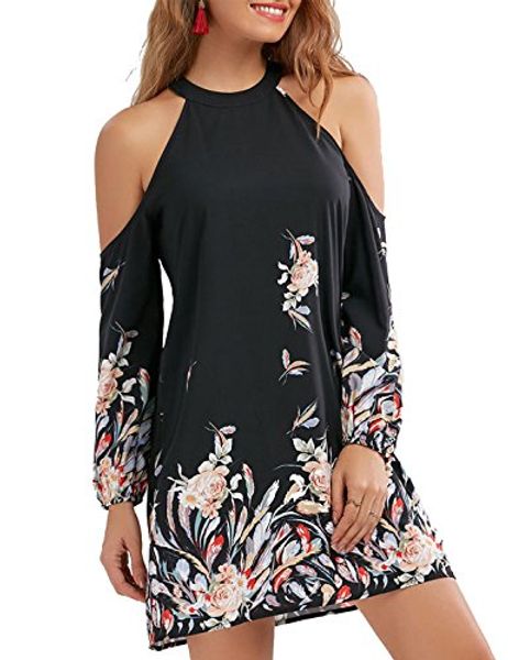 

women's halter neck cold shoulder floral print dress summer casual loose mini dress, Black;gray