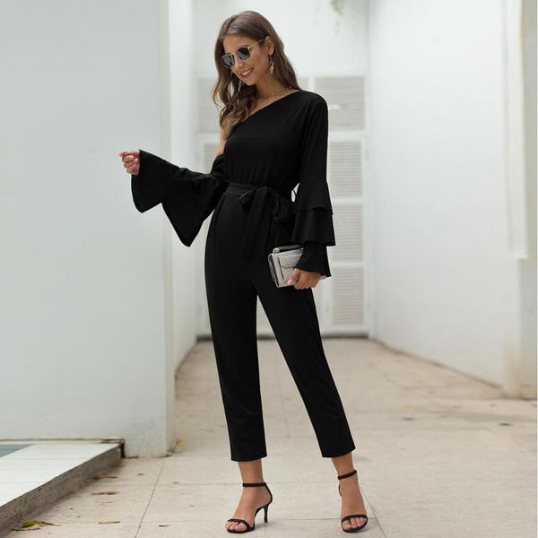 

iclosam women one shoulder solid jumpsuit casual party clubwear playsuit romper spring autumn elegant overalls jumpsuit, Black;white