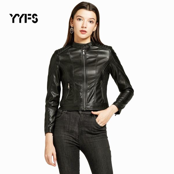 

leather jacket women short slim motorcycle jacket street zipper outerwear female faux pu 2019 autumn coat chaqueta mujer, Black