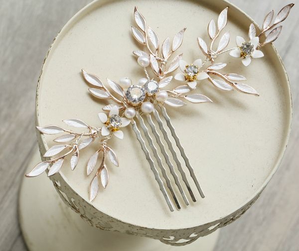 

rosebridalpark fashion flower zircon wedding hair combs pins gold freshwater pearl crystal leaf headbands hairpins accessories, Golden;white