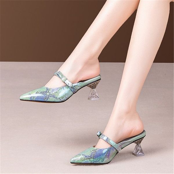 

pxelena plus size 34-42 women genuine leather slides snake print strange crystal heel slippers 2020 summer new mules shoes, Black
