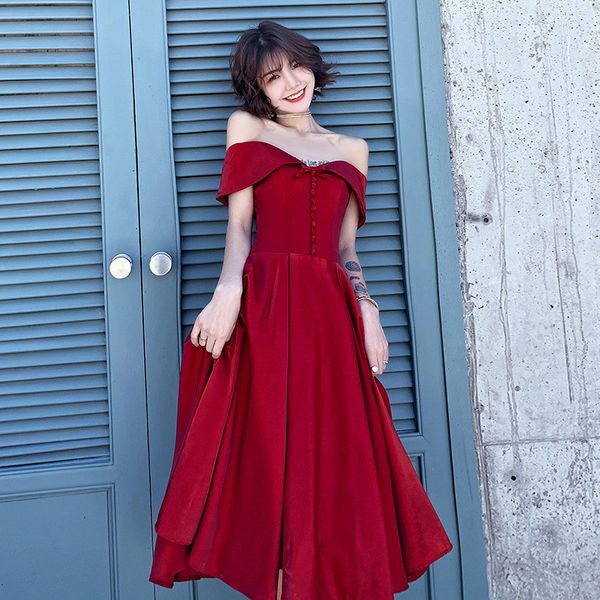 

summer new slash neck formal party gown burgundy button pleated dress qipao backless bandage cheongsam elegant vestidos, Red