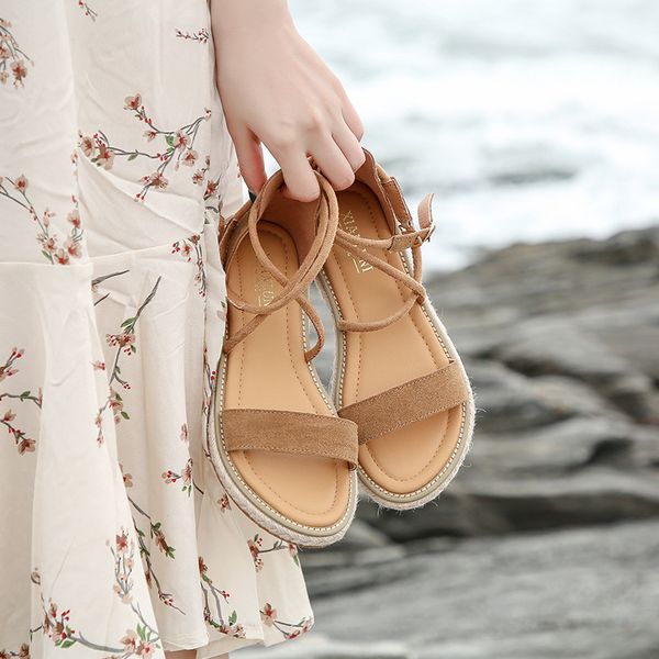 

women faux suede sandals fashion summer shoes woman flat sandals rope lace up gladiator non-slip beach chaussures femme, Black