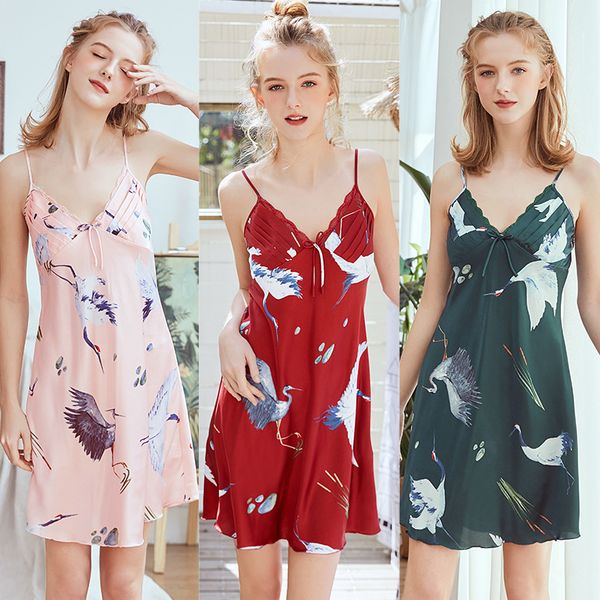 

women's sleepwear suspender print nightdress satin pajama set red v-neck pyjamas sleeveless cute cami top, Black;red