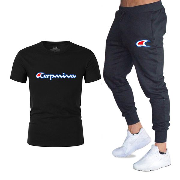 

new fashion men's 2020 autumn and spring sports suit sports t-shirt casual trousers men's 2 sets of slim sportswear, White;black