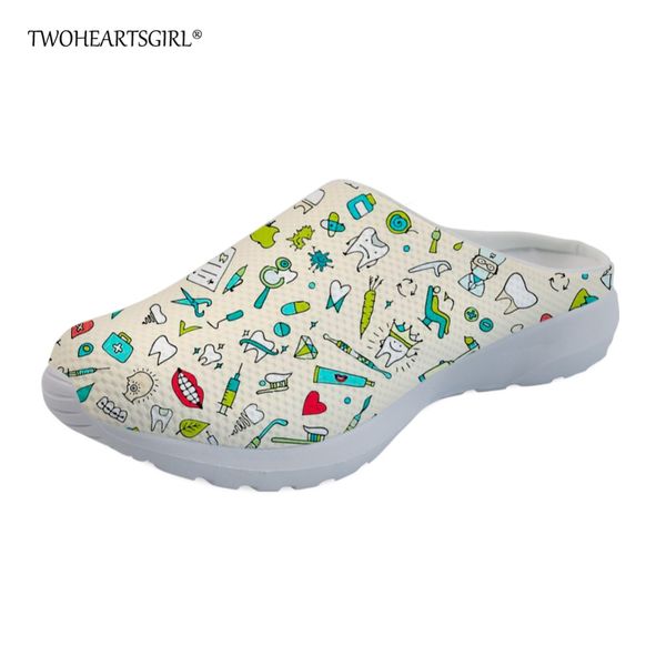 

twoheartsgirl casual dental pattern slippers for women slip-on female ladies flat home shoes personalized nurse sandals, Black
