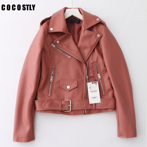 

fashion women autumn winter black faux leather jackets zipper basic coat turn-down collar biker jacket with blet