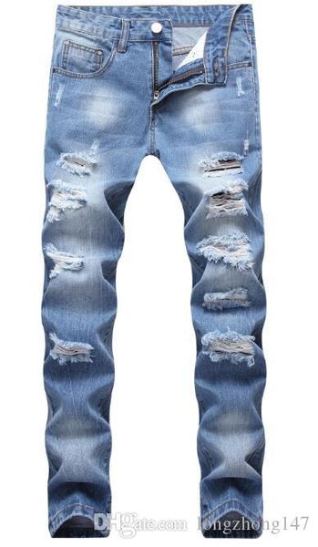 

мужчины байкер джинсы высокая эластичность отверстие тонкие брюки сломанные прямые ноги брюки мужские отбеленные rippid брюки тонкие повседн, Blue