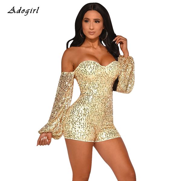 

vintage off shoulder sequnid playsuits slash neck long sleeve bodycon shorts jumpsuit evening club party overalls for women, Black;white