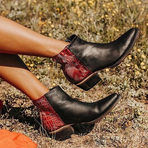 

adisputent retro women ankle boots autumn winter boots pu leather square high heel print short boot vintage female booties, Black