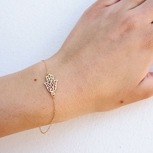 

link, chain bangles hand of fatima bracelets women simple jewellery bracelet hollow jewelry fashion couples elegant vintagegold color metal, Black