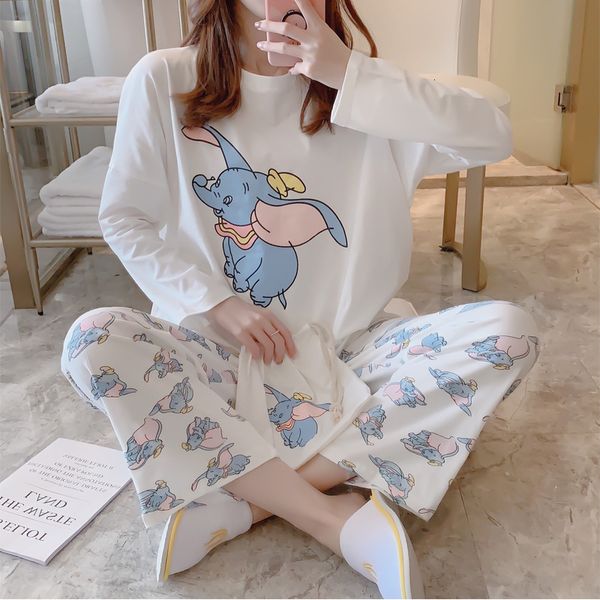 

осень и зима хлопок 2019 сладкая мультфильм печати пижама женщины сексуальное белье комплекты пижамы пижамы 2 шт главная одежда, Blue;gray