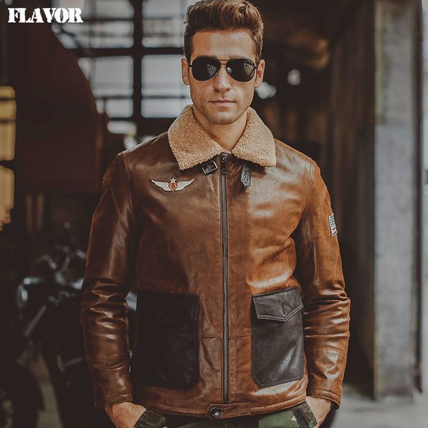 

men's real leather jacket pigskin flight jackets genuine leather jacket winter warm coat men bomber jackets, Black