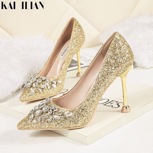 

women shoes 2020 summer high heels kitten heels golden bling paillette pumps party wedding shoe white rhinestone pointed toe, Black