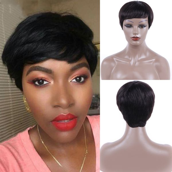 

short cute hair pixie cut wigs straight hair peruvian remy 100% human hair wigs for women fashion full wig with side bangs black, Black;brown