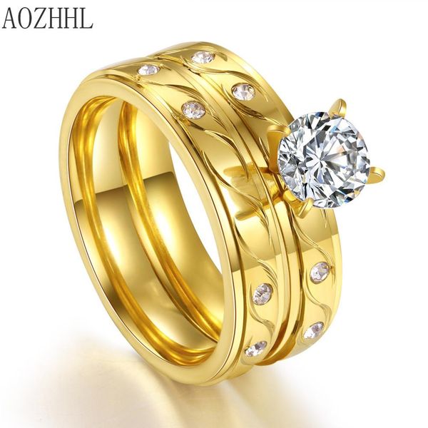

2019 aozhhl round large zircon set ring titanium steel gold ring set of 2, Slivery;golden