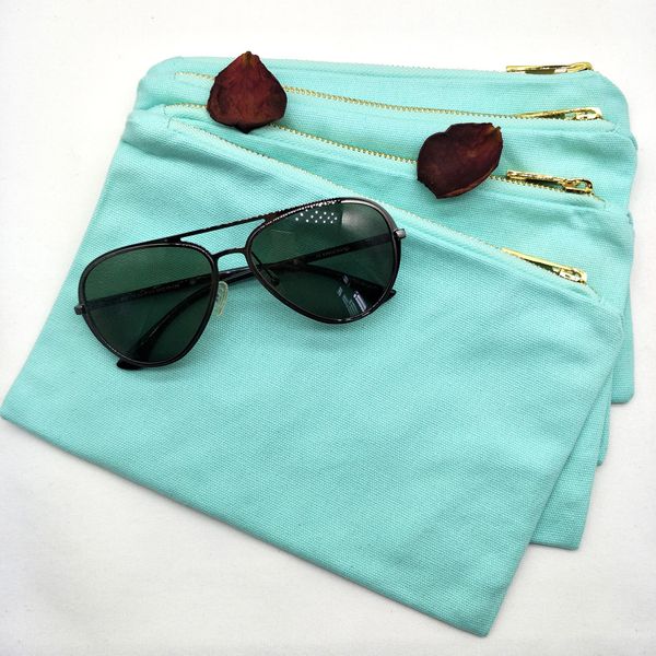 

plain mint 12oz thick cotton canvas makeup bag with gold metal zip gold lining blank mint cosmetic bag for diy print blank canvas travel bag