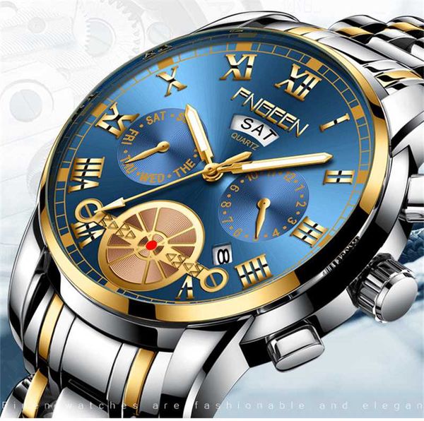 

fngeen brand fashion casual men quartz watch calendar week display multi-function waterproof sports watch relogio, Slivery;brown