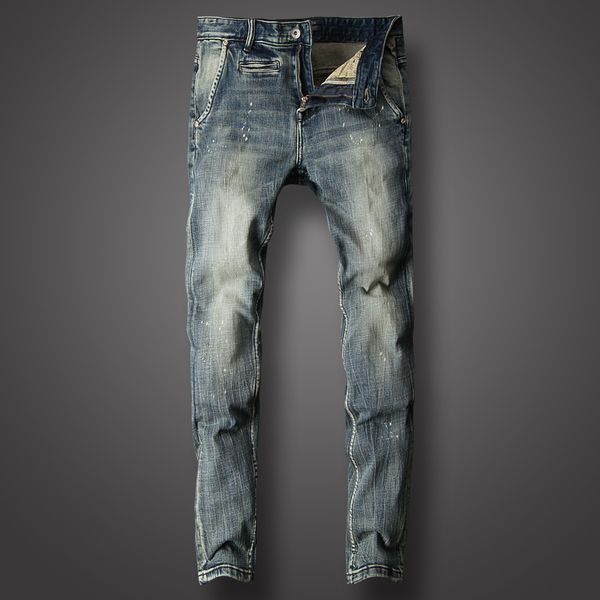 

fashion streetwear men jeans slim fit retro wash paint hip hop jeans homme elastic denim pants hombre brand classical men, Blue