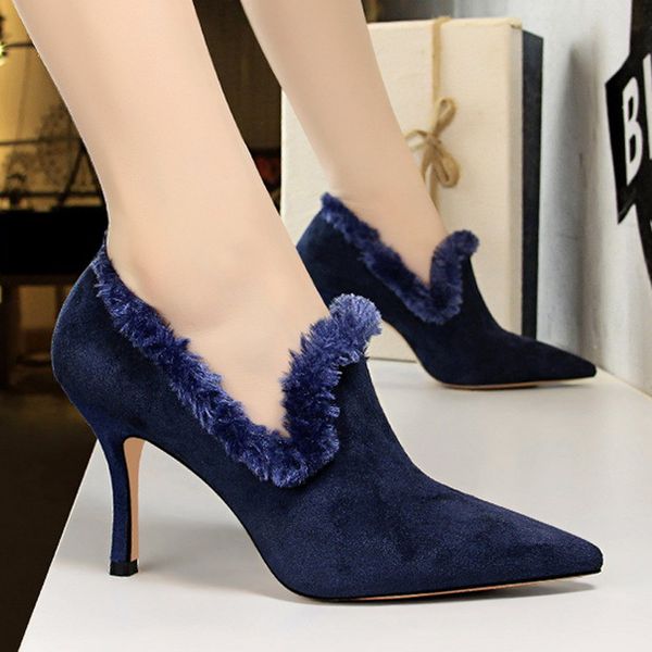

bigtree new women pumps winter shoes for women high heels furry wedding shoes fashion office party, Black