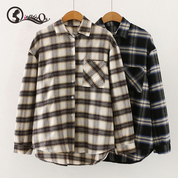 

2019 blouse autumn plaid print lapel shirt women vintage loose single-breasted long sleeve blouse casual female office, White